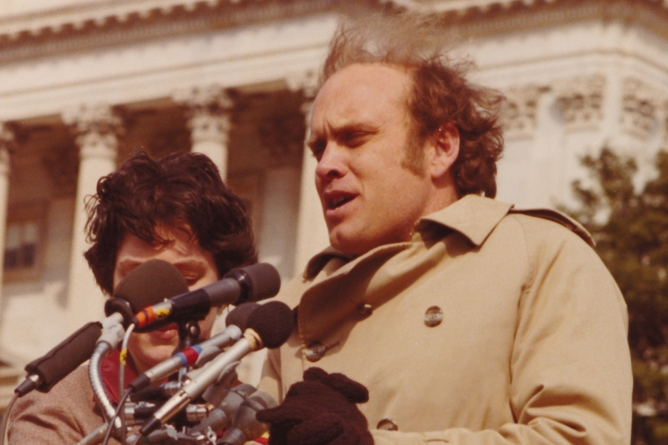 David Harris speaking from the steps of the U.S. Capital at the mobilization against the draft and draft registration, March 22, 1980. (Resistance News)